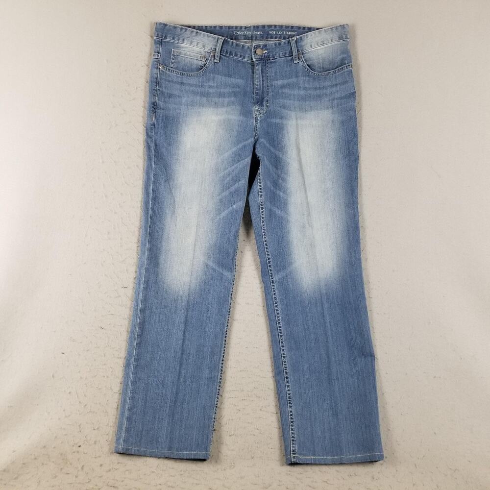Calvin Klein Jeans Mens Jeans 38x32 Blue Straight Leg Light Wash Stretch Denim